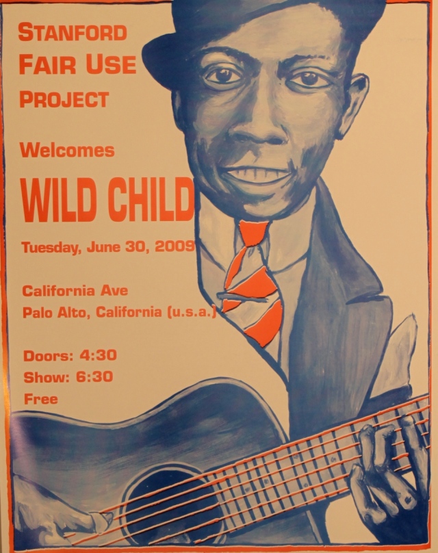 this transformative version by Diana Hartman of a photo of Robert Johnson was conceived of for the first Palo Alto World Music Day then re-purposed to promote a Doors cover band civic show; the Stanford Fair Use Project who sponsored the printing is a different one than the Lessig-led group at Stanford, but with a confusingly similar name